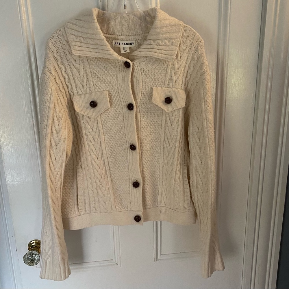 Artisan NY sweater womens L Cream Cable Knit Cardigan fisherman’s coastal button